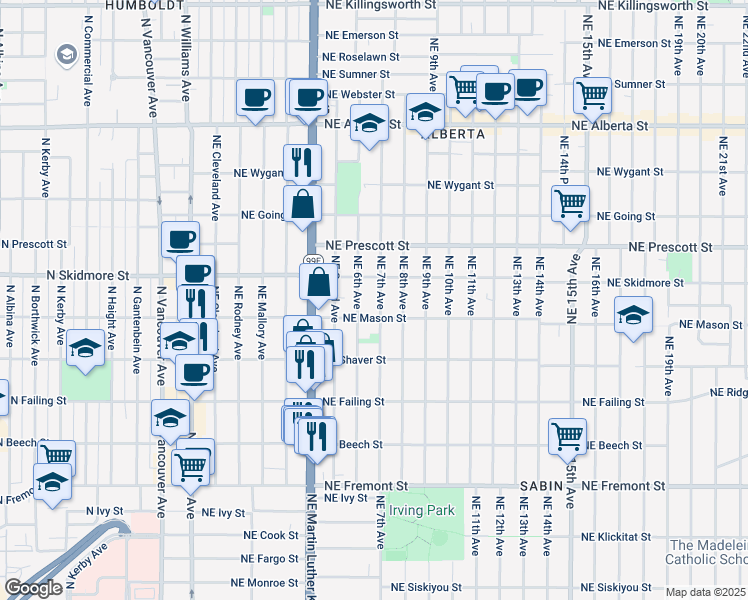 map of restaurants, bars, coffee shops, grocery stores, and more near 603 Northeast Mason Street in Portland