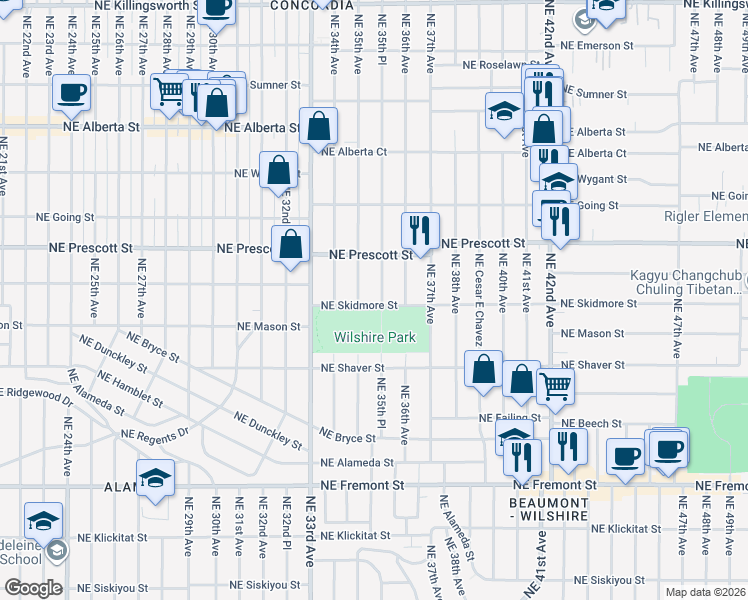 map of restaurants, bars, coffee shops, grocery stores, and more near 4305 Northeast 35th Place in Portland