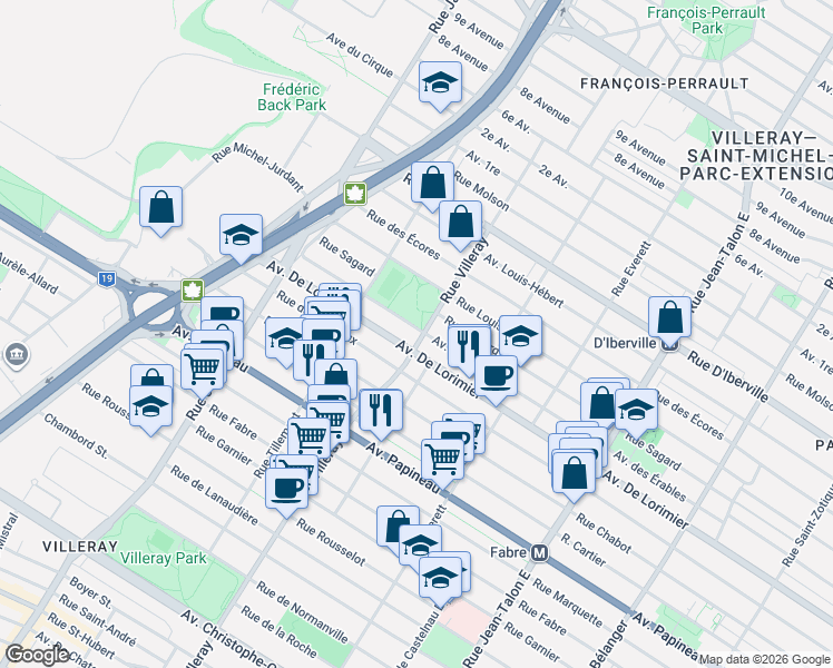 map of restaurants, bars, coffee shops, grocery stores, and more near 7700 Avenue des Érables in Montréal