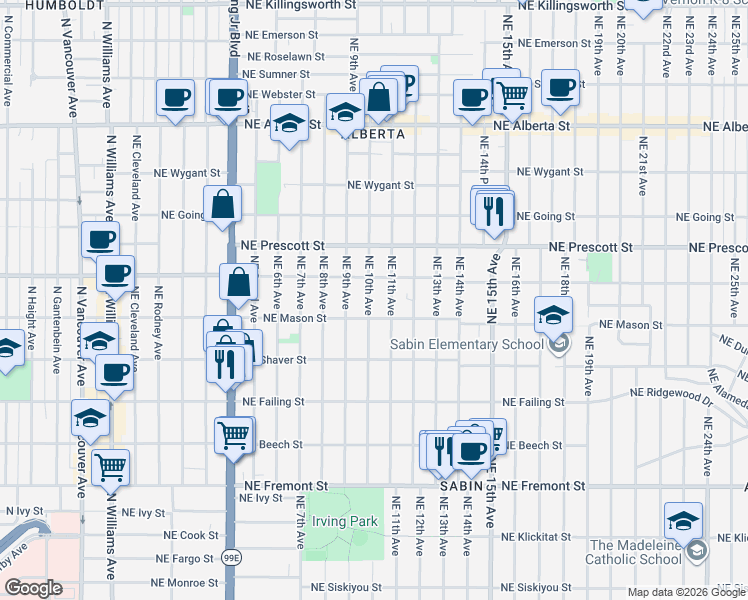 map of restaurants, bars, coffee shops, grocery stores, and more near 4136 Northeast 10th Avenue in Portland