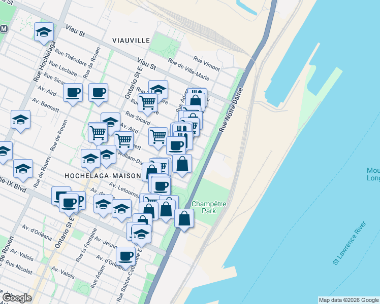 map of restaurants, bars, coffee shops, grocery stores, and more near 585 Avenue Aird in Montréal
