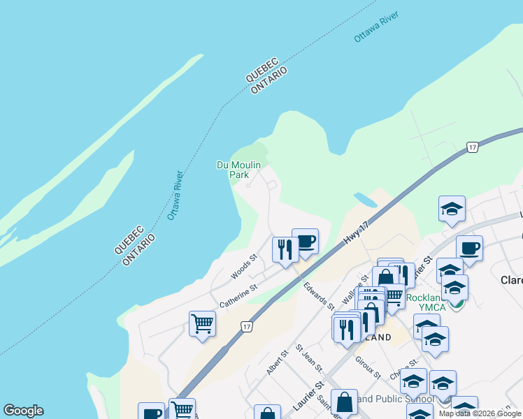 map of restaurants, bars, coffee shops, grocery stores, and more near 194 Edwards Street in Clarence-Rockland