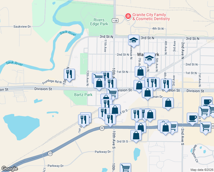 map of restaurants, bars, coffee shops, grocery stores, and more near 1001 Division Street in Waite Park