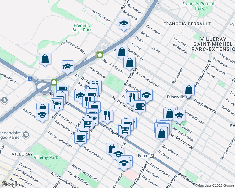 map of restaurants, bars, coffee shops, grocery stores, and more near 7700 Avenue des Érables in Montréal