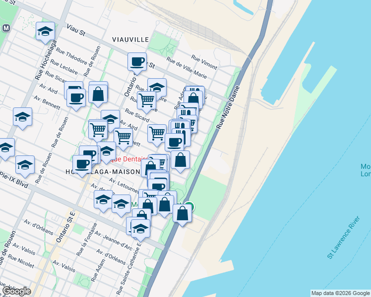 map of restaurants, bars, coffee shops, grocery stores, and more near 595 Avenue Aird in Montréal