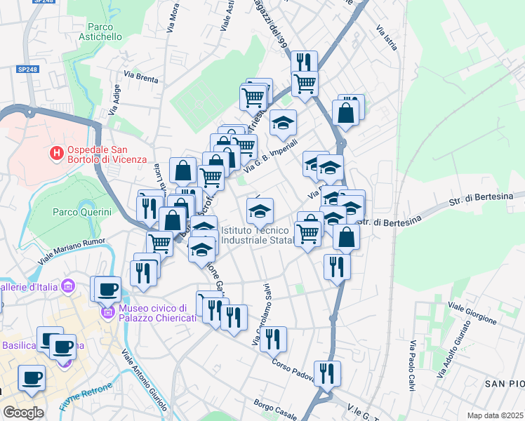 map of restaurants, bars, coffee shops, grocery stores, and more near Via Zara in Vicenza