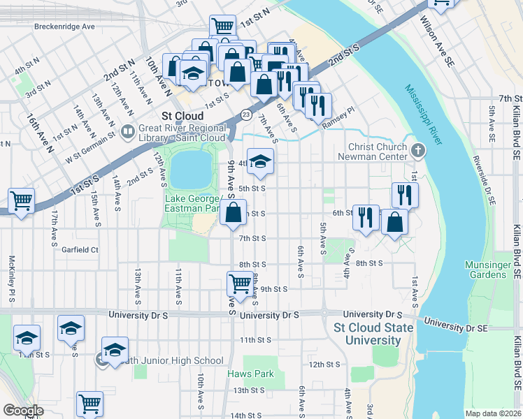 map of restaurants, bars, coffee shops, grocery stores, and more near 708 6th Street South in St. Cloud