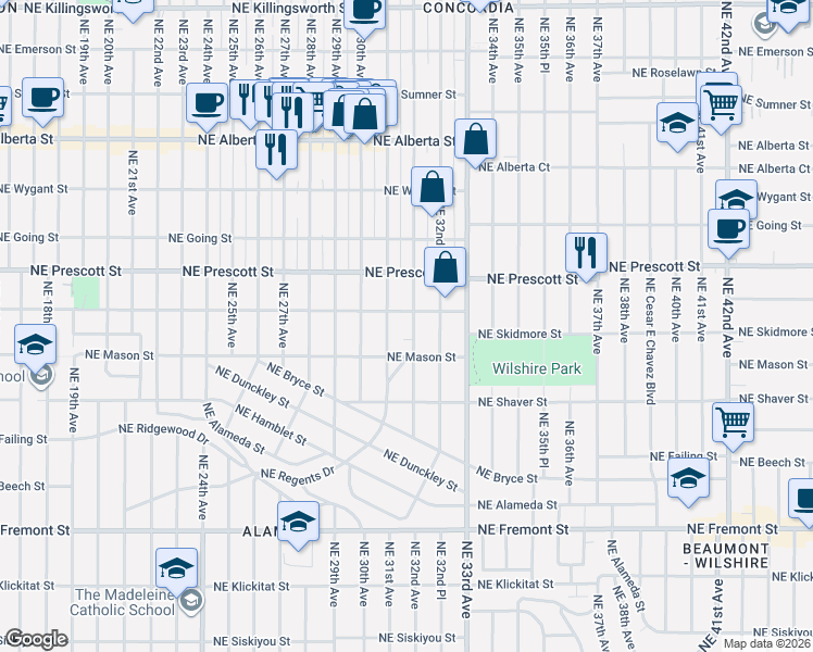 map of restaurants, bars, coffee shops, grocery stores, and more near 4124 Northeast 32nd Avenue in Portland