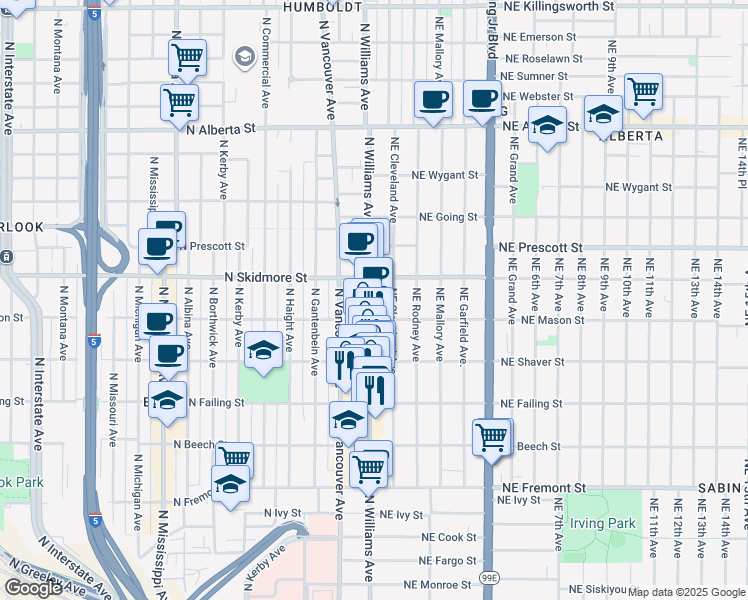 map of restaurants, bars, coffee shops, grocery stores, and more near 4133 North Williams Avenue in Portland