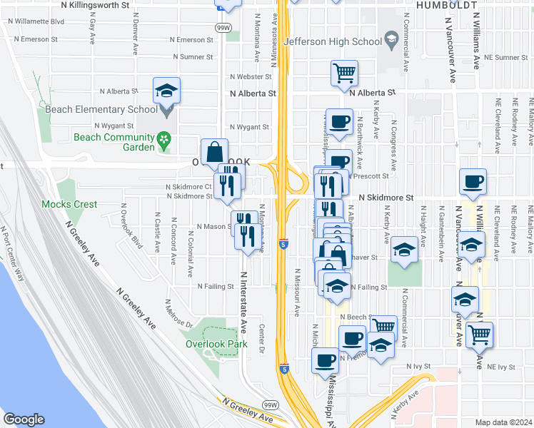 map of restaurants, bars, coffee shops, grocery stores, and more near 1226 North Mason Street in Portland