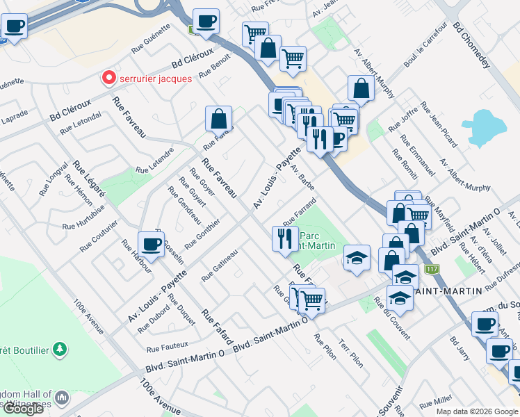 map of restaurants, bars, coffee shops, grocery stores, and more near 4240 Avenue Louis - Payette in Laval