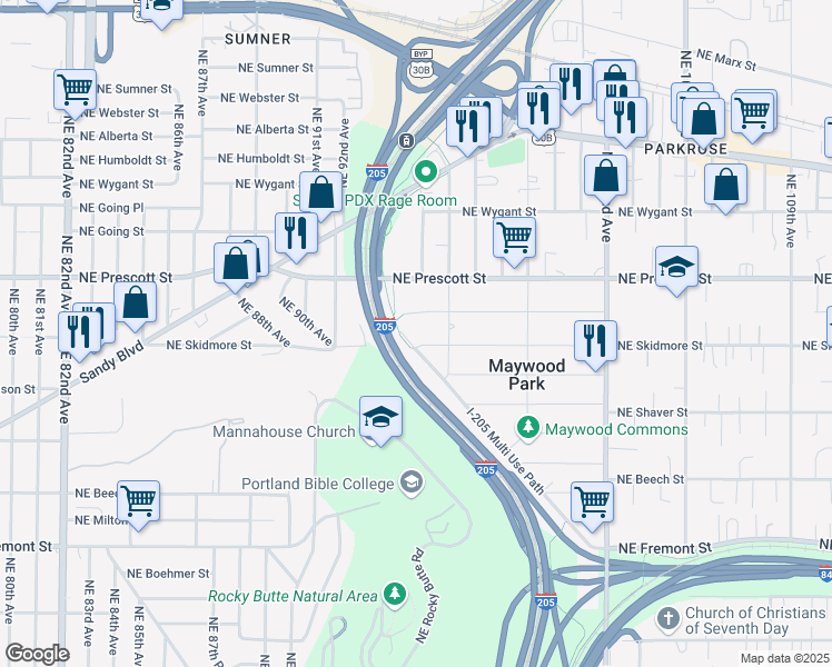 map of restaurants, bars, coffee shops, grocery stores, and more near 4322 Northeast Maywood Place in Portland