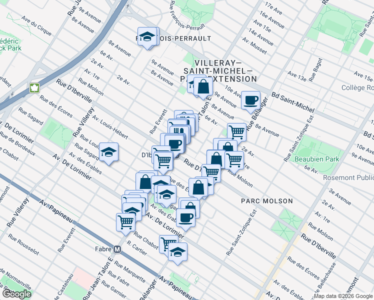 map of restaurants, bars, coffee shops, grocery stores, and more near 7146 Rue Molson in Montréal