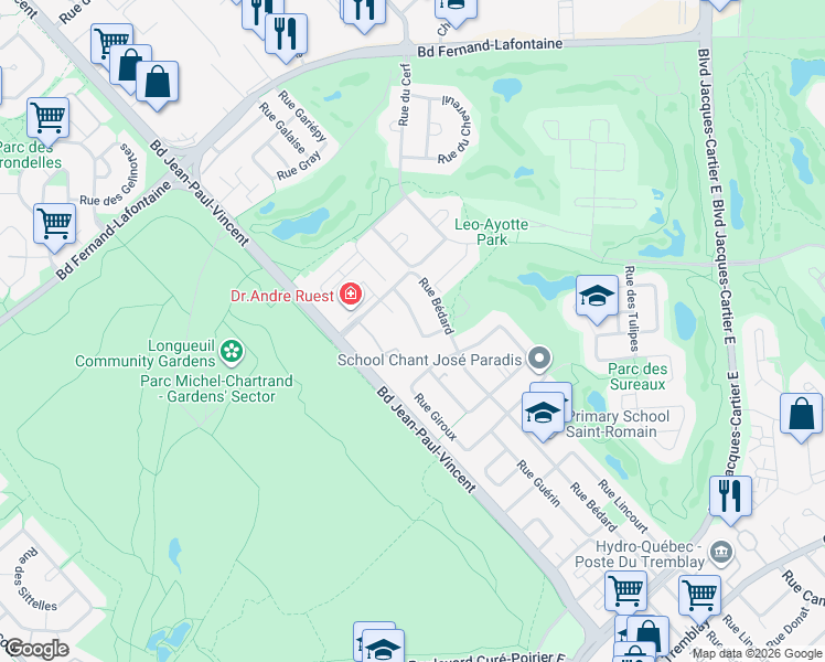 map of restaurants, bars, coffee shops, grocery stores, and more near 1810 Rue du Renne in Longueuil