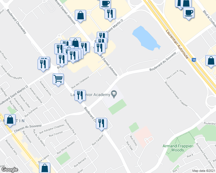 map of restaurants, bars, coffee shops, grocery stores, and more near 3257 Boulevard du Souvenir in Laval