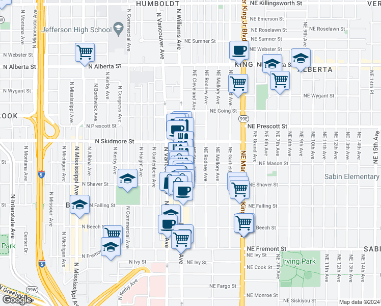 map of restaurants, bars, coffee shops, grocery stores, and more near 4137 Northeast Cleveland Avenue in Portland