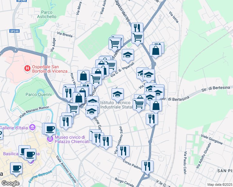 map of restaurants, bars, coffee shops, grocery stores, and more near Via Zara in Vicenza
