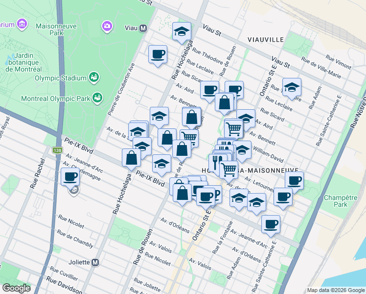 map of restaurants, bars, coffee shops, grocery stores, and more near 2251 Avenue Letourneux in Montreal