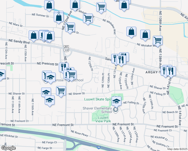 map of restaurants, bars, coffee shops, grocery stores, and more near 4248 Northeast 125th Place in Portland