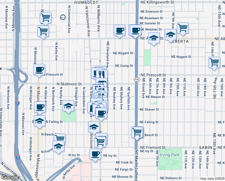 map of restaurants, bars, coffee shops, grocery stores, and more near 4163 Northeast Rodney Avenue in Portland