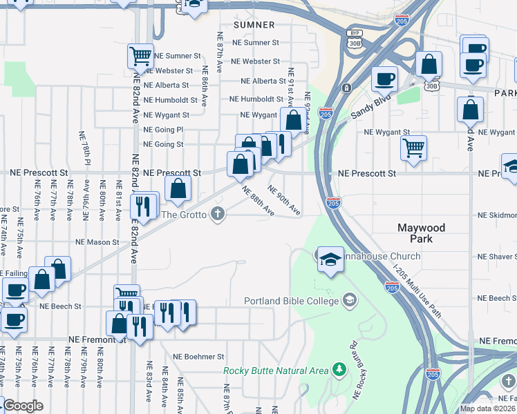 map of restaurants, bars, coffee shops, grocery stores, and more near 4351 Northeast 88th Avenue in Portland