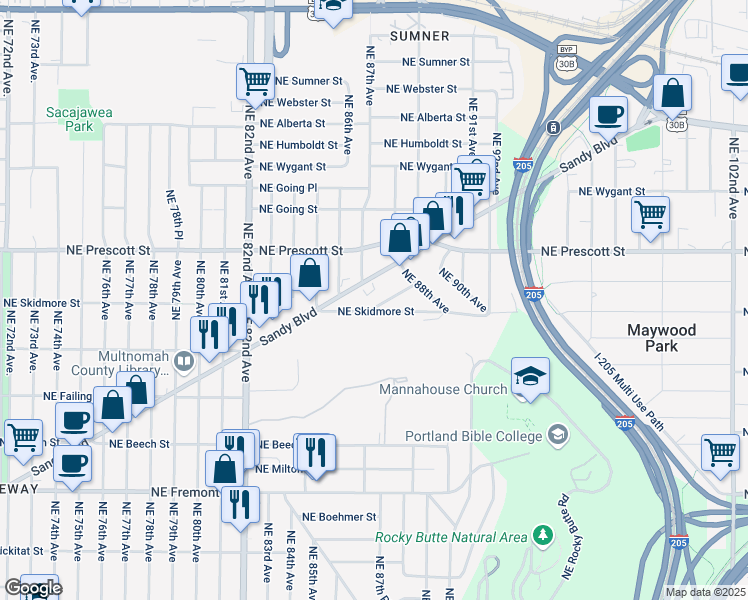 map of restaurants, bars, coffee shops, grocery stores, and more near 8752 Northeast Ward Street in Portland