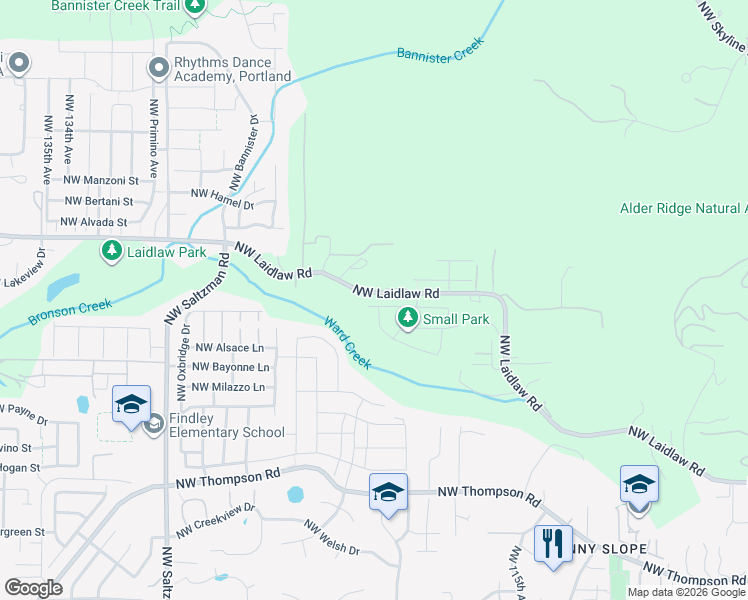 map of restaurants, bars, coffee shops, grocery stores, and more near 12222 Northwest Laidlaw Road in Portland