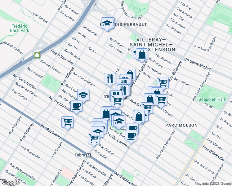 map of restaurants, bars, coffee shops, grocery stores, and more near 7204 Rue d'Iberville in Montréal