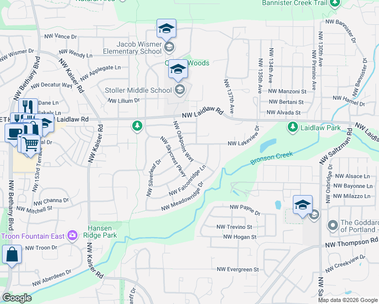 map of restaurants, bars, coffee shops, grocery stores, and more near 4758 Northwest Oakpoint Way in Portland