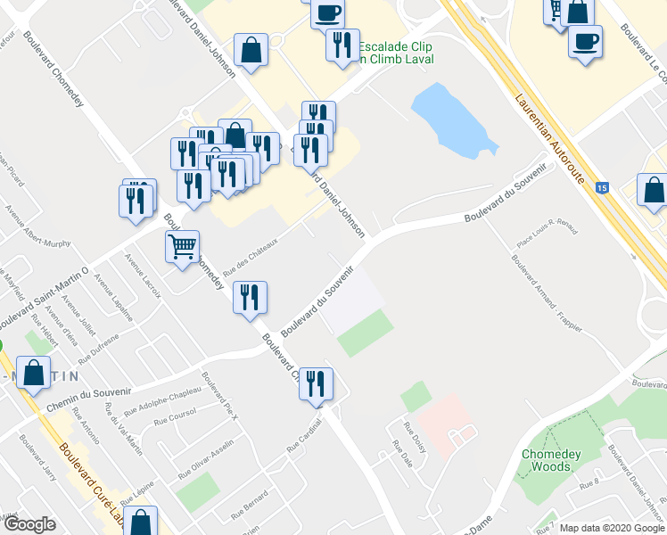 map of restaurants, bars, coffee shops, grocery stores, and more near 3255 Boulevard du Souvenir in Laval