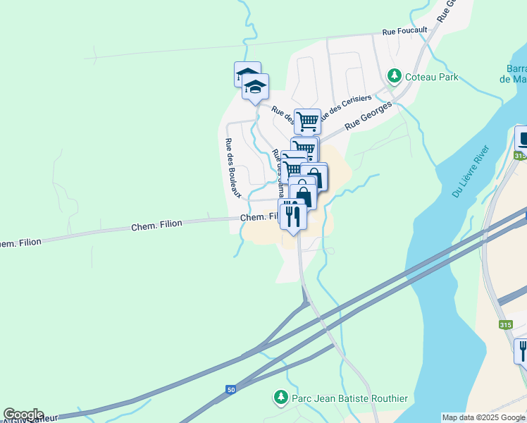 map of restaurants, bars, coffee shops, grocery stores, and more near 237 Chemin Filion in Gatineau