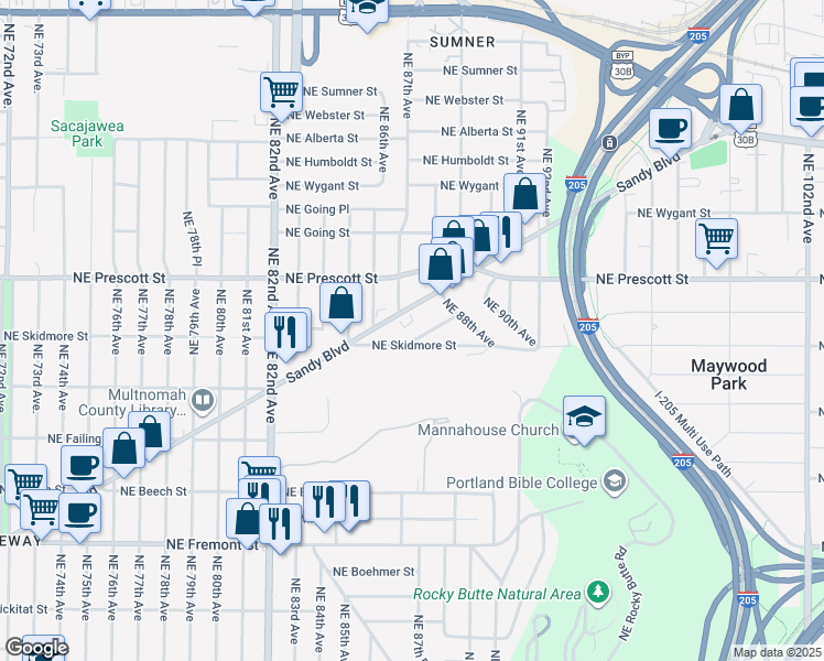 map of restaurants, bars, coffee shops, grocery stores, and more near 8752 Northeast Ward Street in Portland
