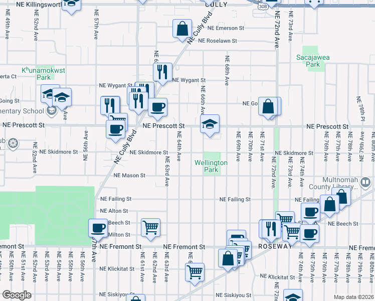 map of restaurants, bars, coffee shops, grocery stores, and more near 4219 Northeast 65th Avenue in Portland