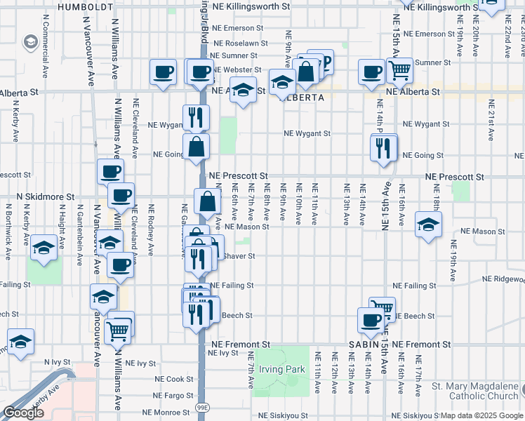 map of restaurants, bars, coffee shops, grocery stores, and more near 4113 Northeast 8th Avenue in Portland