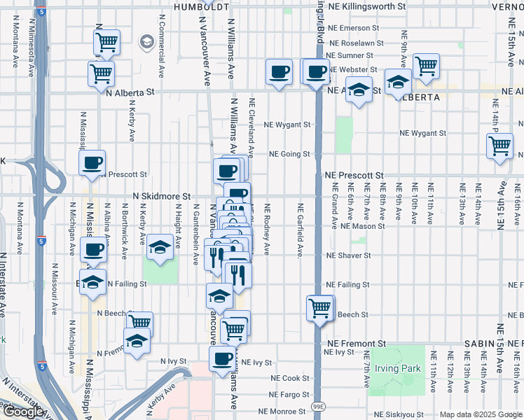 map of restaurants, bars, coffee shops, grocery stores, and more near 4106 Northeast Cleveland Avenue in Portland