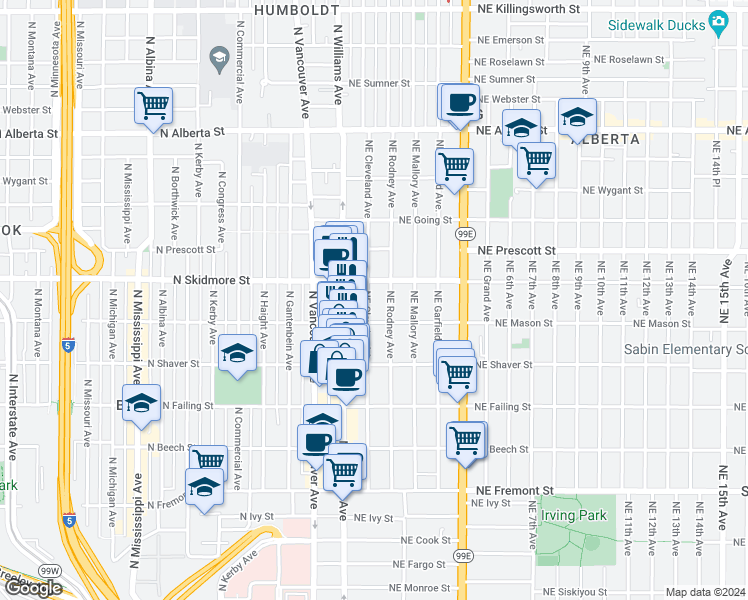 map of restaurants, bars, coffee shops, grocery stores, and more near 4106 Northeast Cleveland Avenue in Portland