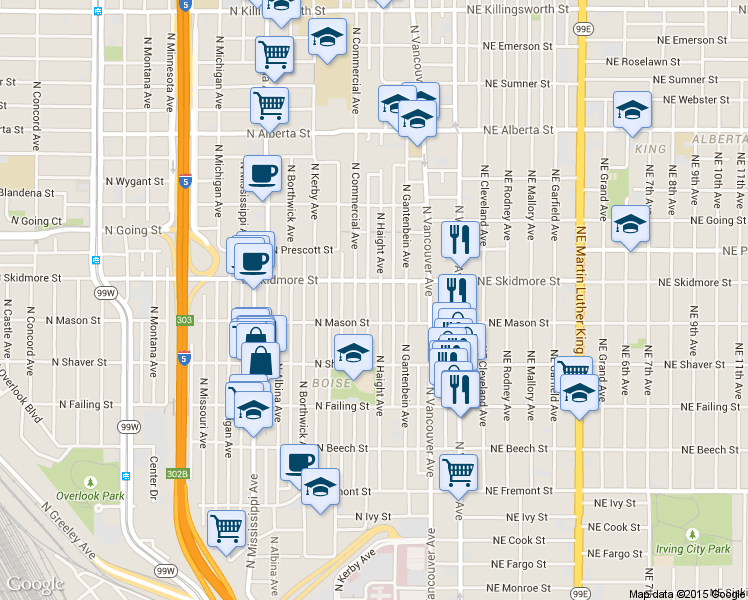 map of restaurants, bars, coffee shops, grocery stores, and more near 4108 North Haight Avenue in Portland