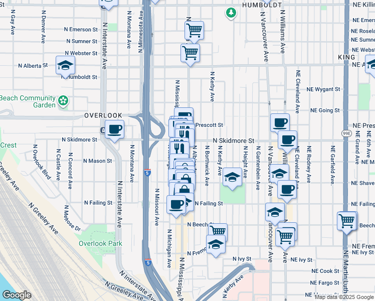 map of restaurants, bars, coffee shops, grocery stores, and more near 4220 North Mississippi Avenue in Portland
