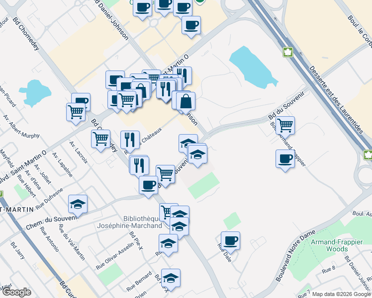 map of restaurants, bars, coffee shops, grocery stores, and more near 3255 Boulevard du Souvenir in Laval
