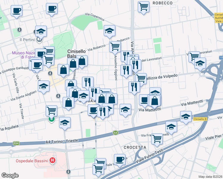 map of restaurants, bars, coffee shops, grocery stores, and more near 7 Via Tommaso Campanella in Cinisello Balsamo