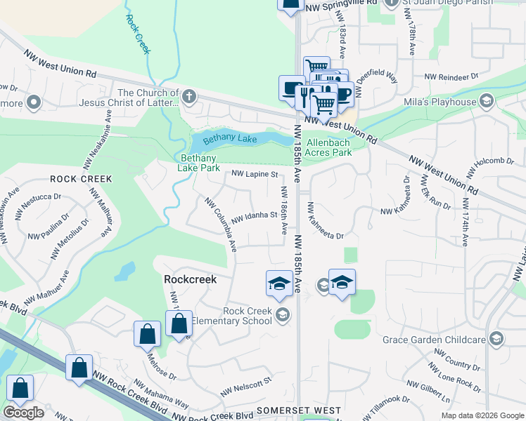 map of restaurants, bars, coffee shops, grocery stores, and more near 18735 Northwest Idanha Street in Portland