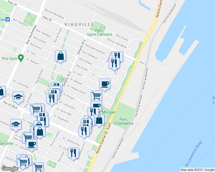 map of restaurants, bars, coffee shops, grocery stores, and more near 1405 Avenue Aird in Montréal