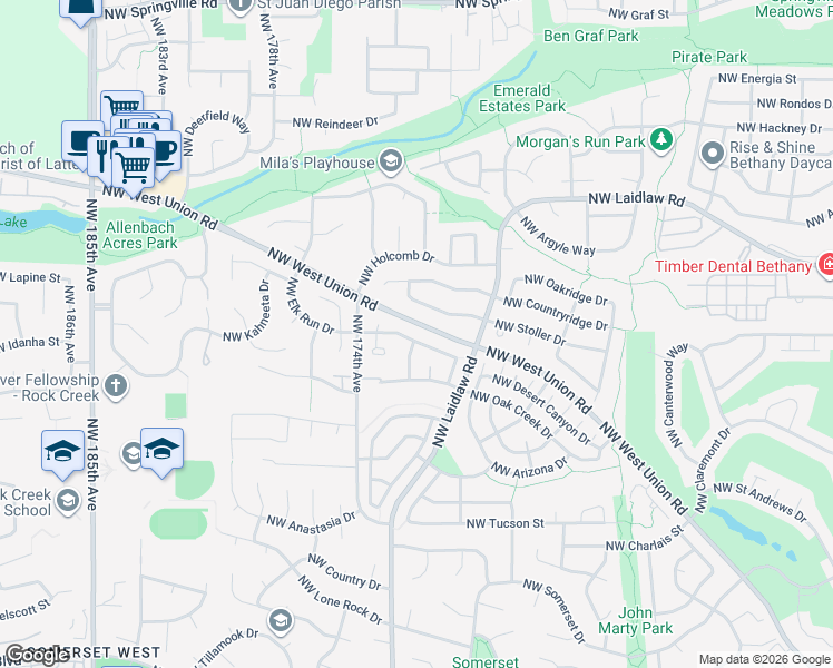 map of restaurants, bars, coffee shops, grocery stores, and more near 17094 Northwest Elk Run Drive in Beaverton
