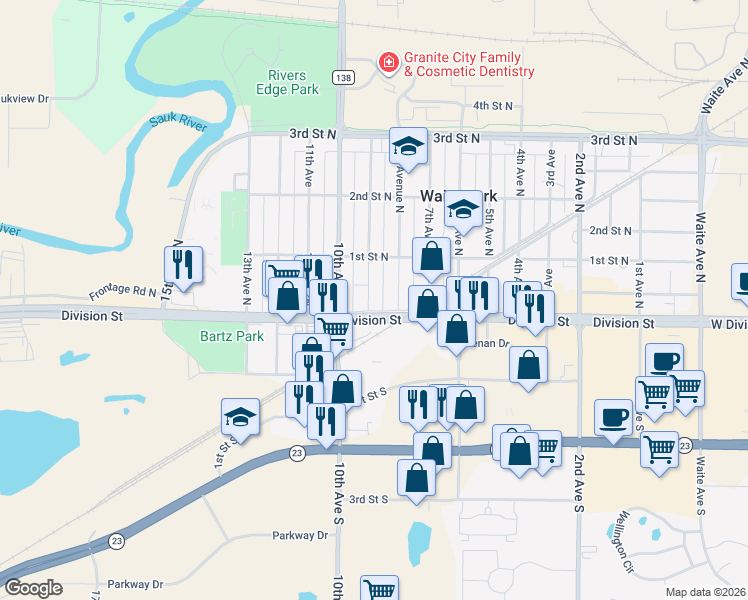 map of restaurants, bars, coffee shops, grocery stores, and more near 3 9th Avenue North in Waite Park