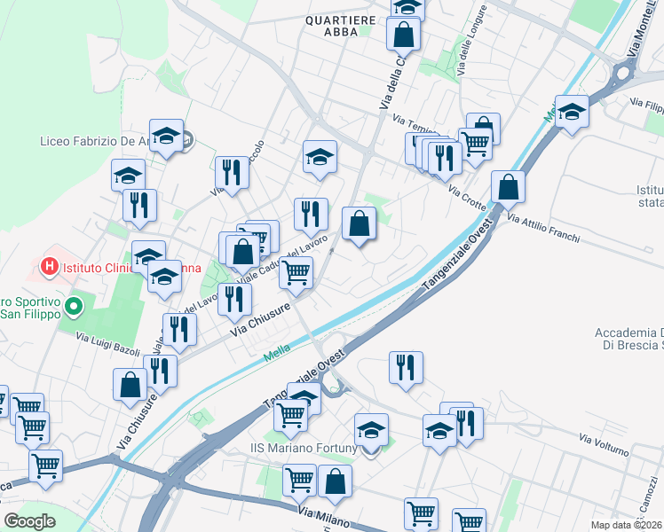 map of restaurants, bars, coffee shops, grocery stores, and more near 8 Via Beniamino Simoni in Brescia