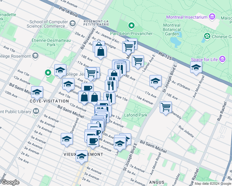 map of restaurants, bars, coffee shops, grocery stores, and more near 3570 Rue Masson in Montrã©Al