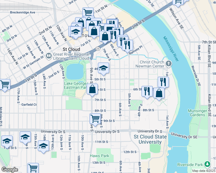 map of restaurants, bars, coffee shops, grocery stores, and more near 521 7th Avenue South in St. Cloud