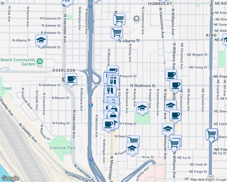 map of restaurants, bars, coffee shops, grocery stores, and more near 4216 North Mississippi Avenue in Portland