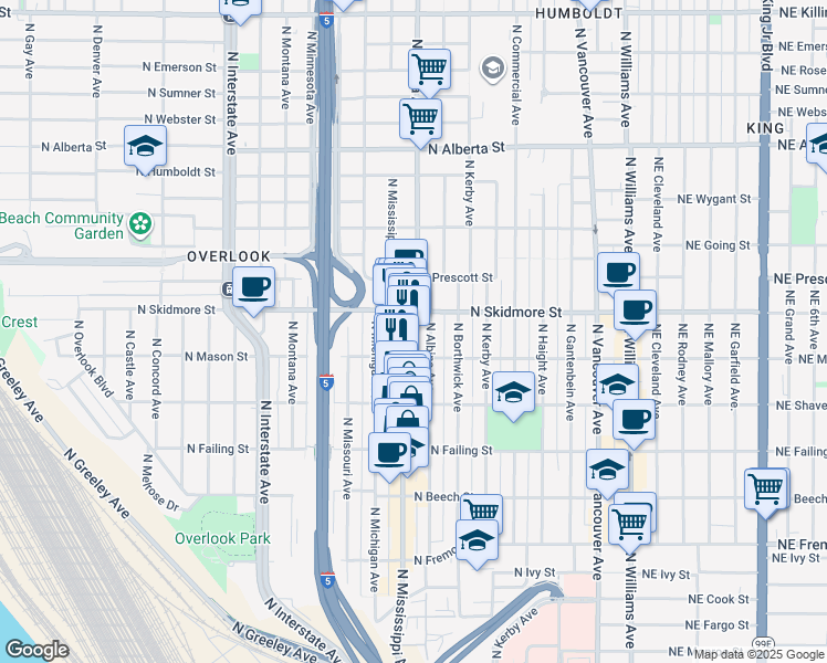 map of restaurants, bars, coffee shops, grocery stores, and more near 4216 North Mississippi Avenue in Portland