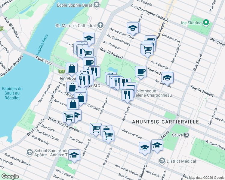 map of restaurants, bars, coffee shops, grocery stores, and more near 550 Rue Prieur Est in Montréal